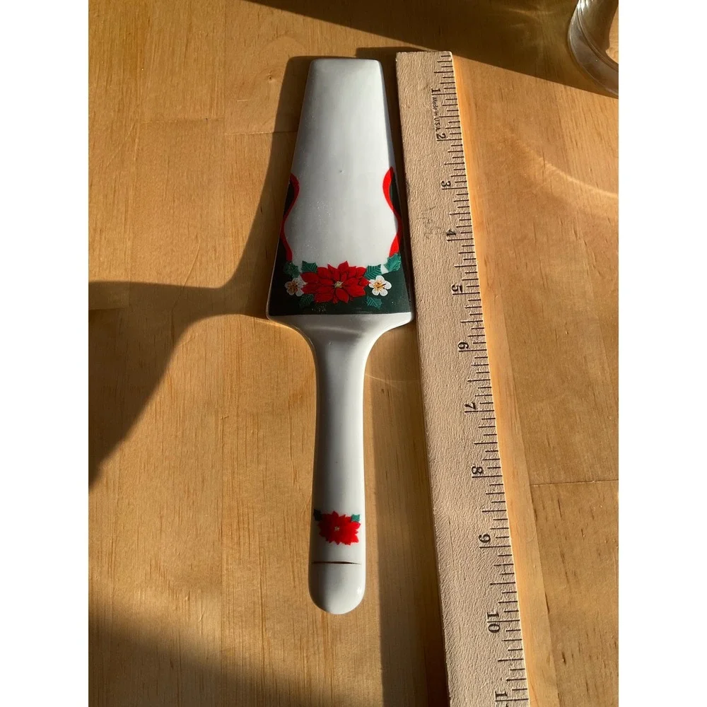 Vintage Ceramic Christmas Poinsettia Cake Pie Server Holiday Serving Utensil